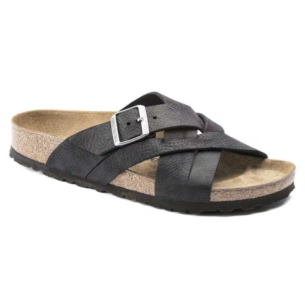 Men's Black Cross-Strap Buckle Slide Sandal